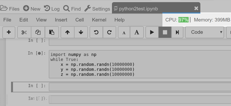 Jupyter notebook showing CPU and memory indicators