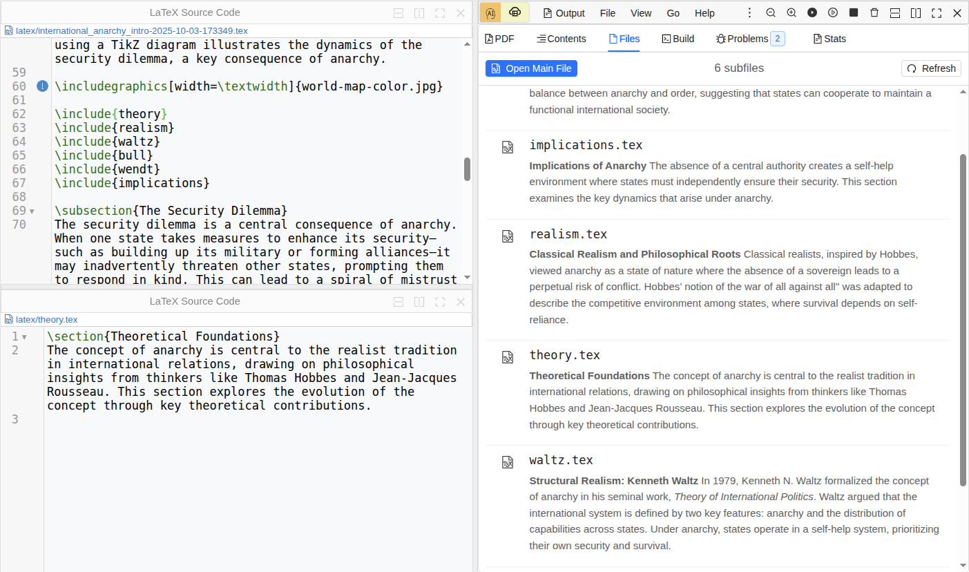 LaTeX editor showing multiple files with automatic discovery of included files