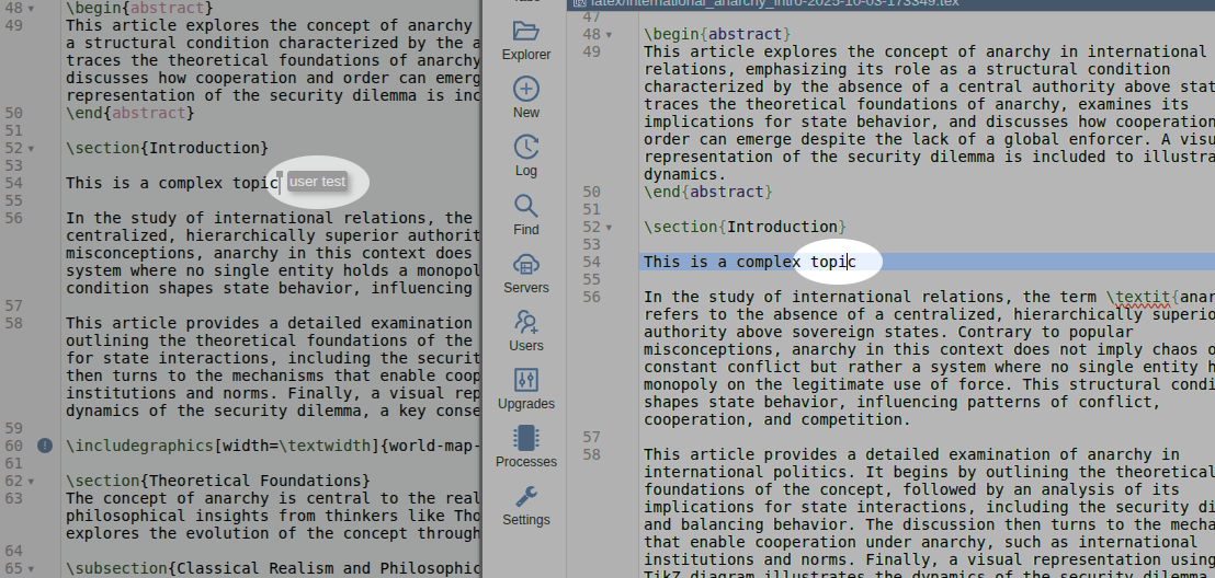 Two users editing the same LaTeX file simultaneously with visible cursors showing real-time collaboration